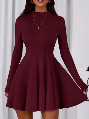 Women's Long Sleeve Fit & Flare Dress in Wine